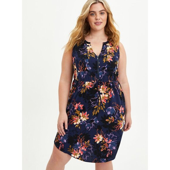 Torrid Sz 5 Navy Floral V Neck Challis Zip-Front Shirt Dress - Picture 1 of 12